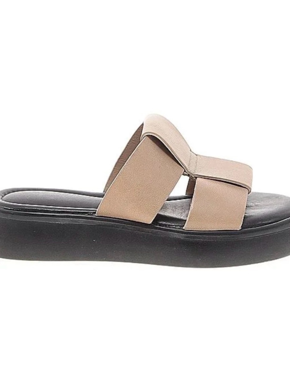 Women's Neutral Tan Slide Sandal with Cushioned Black Sole